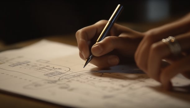 Architect hand sketching blueprint on table, planning construction industry design generated by AI photo