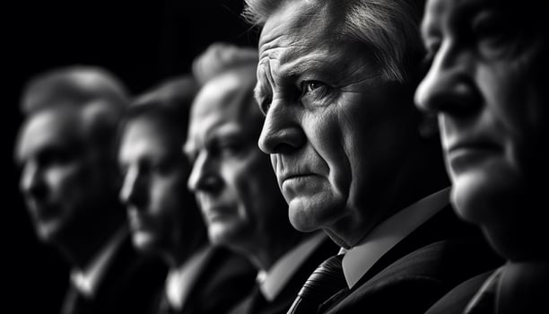 Black and white portrait of serious adult businessmen standing outdoors generated by AI photo
