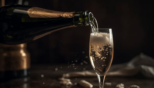 Close up of a glass pouring champagne, a symbol of celebration generated by AI photo