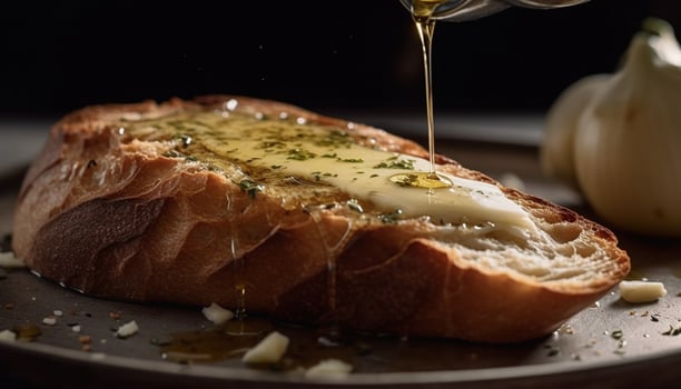 Freshly baked bread, grilled vegetables, and a glass of wine generated by AI photo