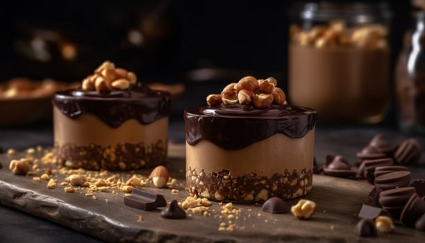 A gourmet dessert dark chocolate fudge on a wooden table generated by AI photo
