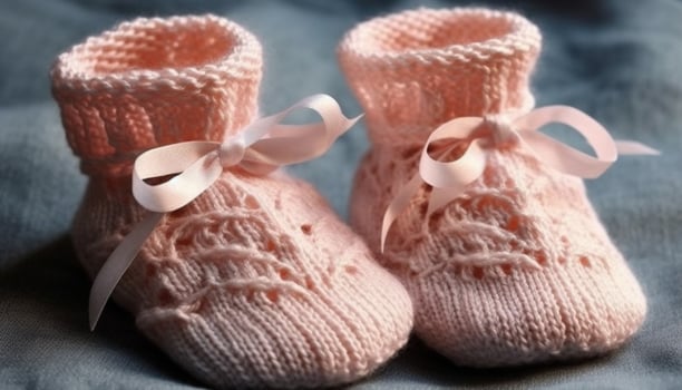 Homemade baby booties, woven with love, a cozy winter gift generated by AI photo