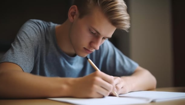 A young adult studying indoors, concentrating on homework with creativity generated by AI photo