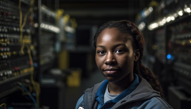 Smiling young African woman, confident, working indoors, looking at camera generated by AI photo