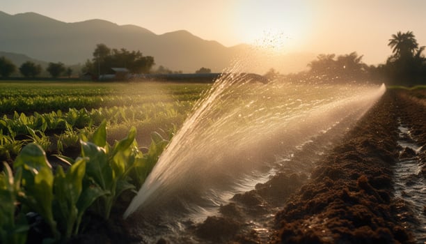 Nature beauty in summer outdoors, agriculture, water, sunset, rural scene generated by AI photo