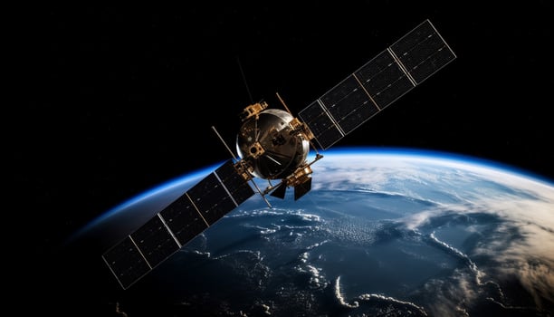 Satellite orbiting planet, space shuttle, technology, astronomy, star, galaxy generated by AI photo