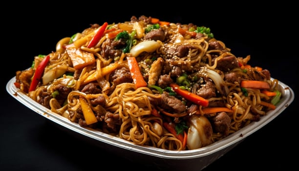 A gourmet meal of stir fried pork, pasta, and vegetables generated by AI photo