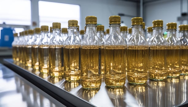 Transparent glass bottles filled with refreshing purified water generated by AI photo