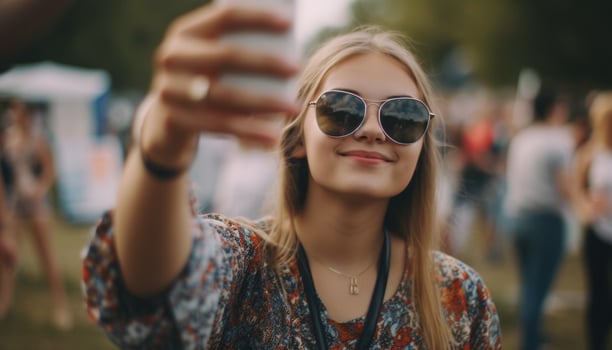 Smiling young woman captures joy with phone, enjoying summer outdoors generated by AI photo