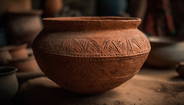 Ancient pottery, clay vase, rustic jug, ornate decoration, indigenous culture generated by AI photo