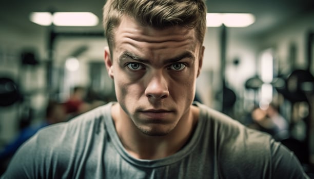 Serious young man, muscular build, looking at camera confidently generated by AI photo
