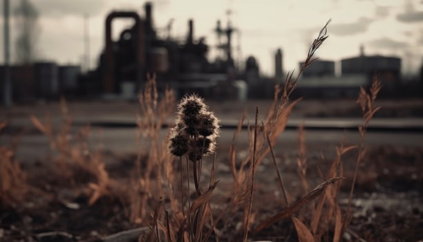 Abandoned factory silhouette against sunset, nature reclaiming industrial landscape generated by AI photo