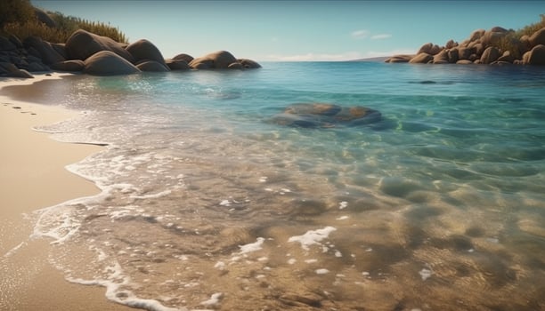 Idyllic tropical coastline, waves crash on sandy beach generated by AI photo