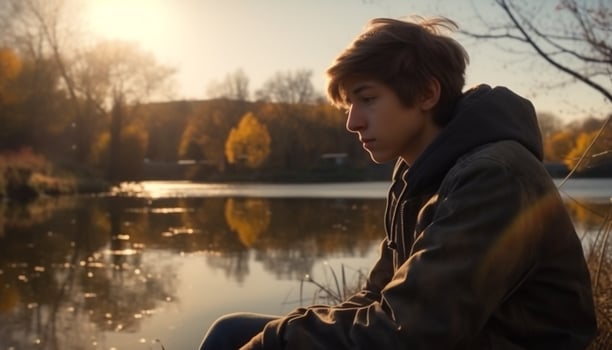 A young man sits by the pond, enjoying the autumn sunset generated by AI photo