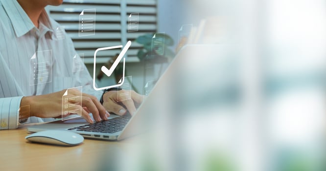 Businessman checking Document Management System DMS and approve. Streamline online docs, enhance file control and workflow efficiency with e-documents. photo