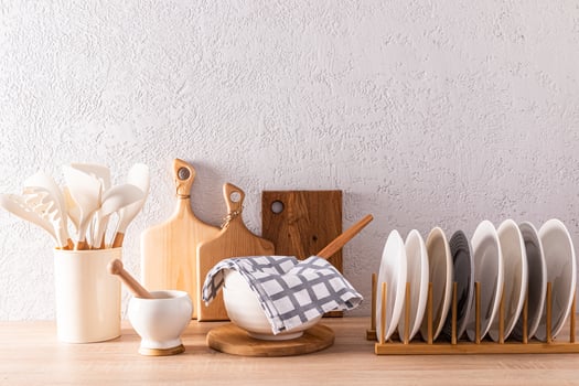 stylish kitchen background with a set of various kitchen utensils and utensils made of environmentally friendly materials. Clean cozy house photo