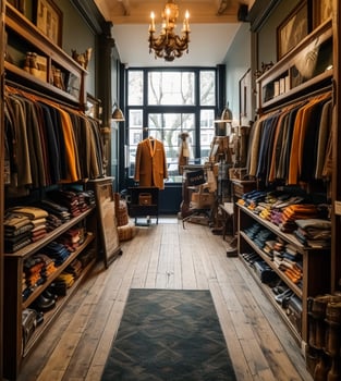 High street retail, small business and commercial interior, fashion store in the English countryside style, elegant country clothing shop showroom and luxurious boutique in the old town, generative ai photo