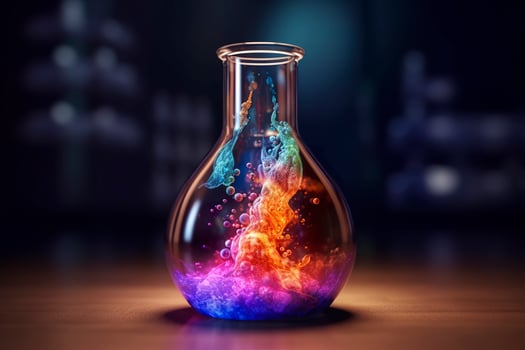 Close Up of a Science Beaker Filled with Multi Colored Liquids. AI Generative photo
