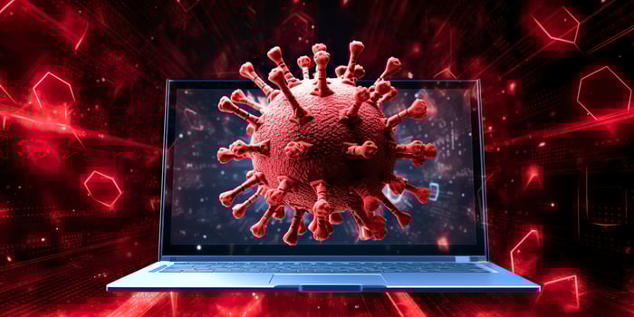 Computer screen showing an installing update notification with a virus symbol,  AI Generative photo