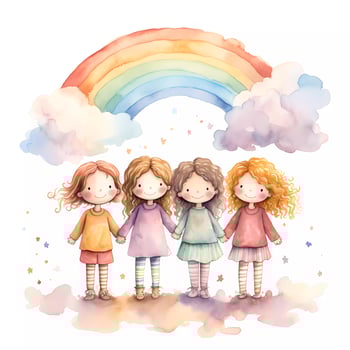 Set of happy kids playing together under rainbow. Happy children's day. Friendship theme. Watercolor style photo