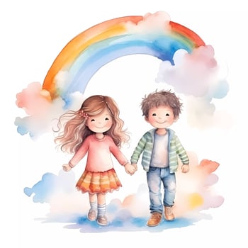 Set of happy kids playing together under rainbow. Happy children's day. Friendship theme. Watercolor style photo