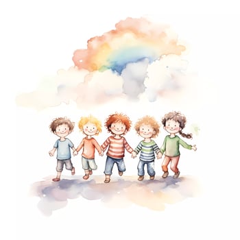 Set of happy kids playing together under rainbow. Happy children's day. Friendship theme. Watercolor style photo