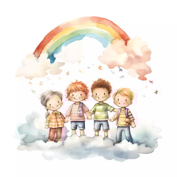 Set of happy kids playing together under rainbow. Happy children's day. Friendship theme. Watercolor style photo