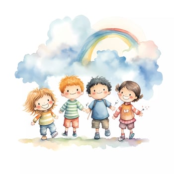 Set of happy kids playing together under rainbow. Happy children's day. Friendship theme. Watercolor style photo