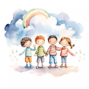 Set of happy kids playing together under rainbow. Happy children's day. Friendship theme. Watercolor style photo
