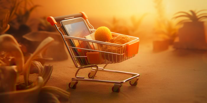E-Commerce Shopping Cart with Multiple Products. A Sunlit Abstract Background. E-commerce concept. AI Generative photo