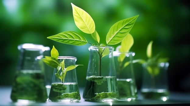 Biotechnology concept with green plant leaves, laboratory glassware, and conducting research, illustrating the powerful combination of nature and science in medical advancements.  AI Generative photo