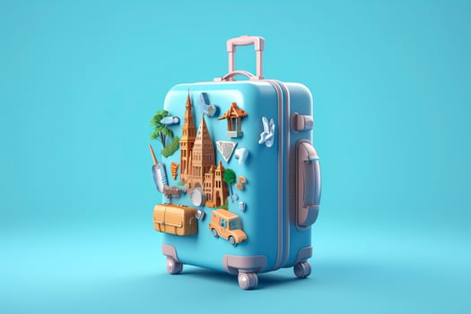 Blue suitcase full of landmarks and travel accessories on blue background. Generative AI photo