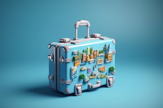 Blue suitcase full of landmarks and travel accessories on blue background. Generative AI photo
