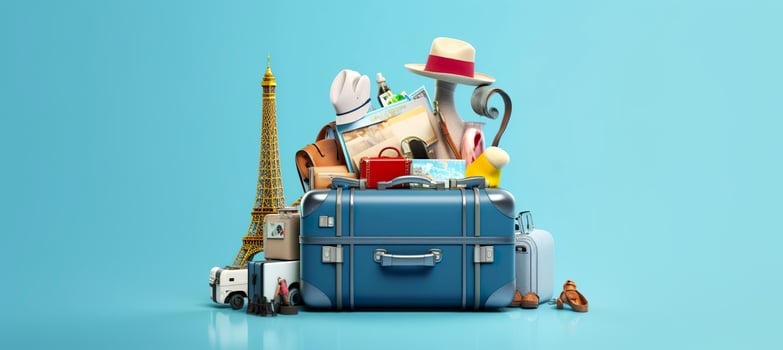 Blue suitcase full of landmarks and travel accessories on blue background. Generative AI photo