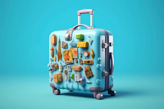 Blue suitcase full of landmarks and travel accessories on blue background. Generative AI photo