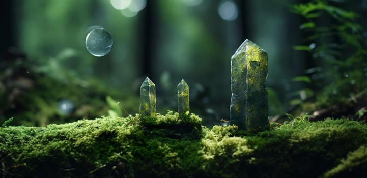 Crystals with moon phases image of moss in a mysterious forest, natural background. Generative AI photo