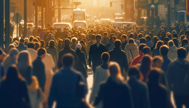 Crowd of people walking busy city street backlit. Generative AI photo