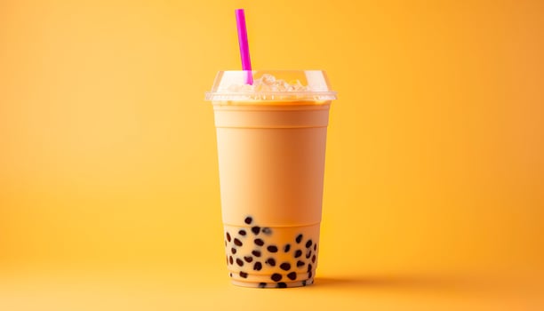 A bubble tea in a plastic cup. Generative AI photo