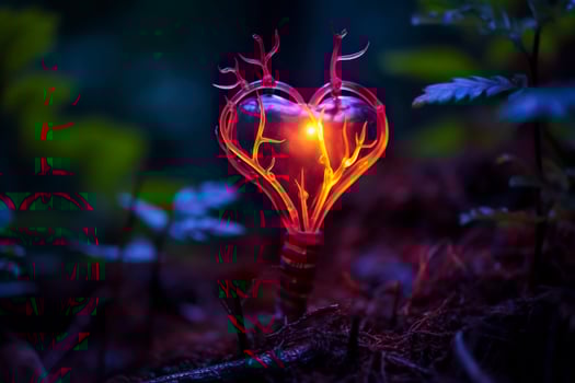 Glowing bioluminescent plant shaped like a human heart, in a mysterious forest. Generative AI photo