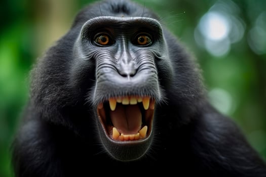 Celebes crested macaque with open mouth. Close up on the green natural background. Generative AI photo