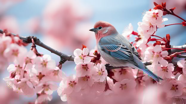 Birds sitting in a tree filled with cherry blossom flowers. Generative AI photo