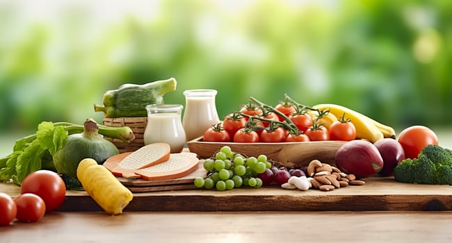 Closeup of vegetables, fruits, and meat on wooden table over green natural background. Generative AI photo
