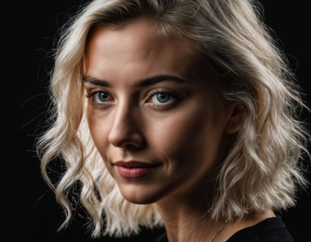 photo of close up beautiful european woman with blonde hair color in black background, generative AI