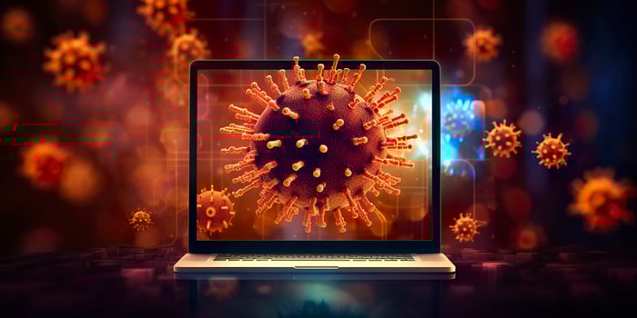 Computer screen showing an installing update notification with a virus symbol,  AI Generative photo