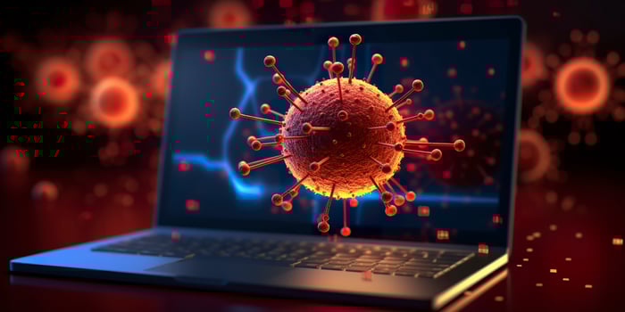 Computer screen showing an installing update notification with a virus symbol,  AI Generative photo