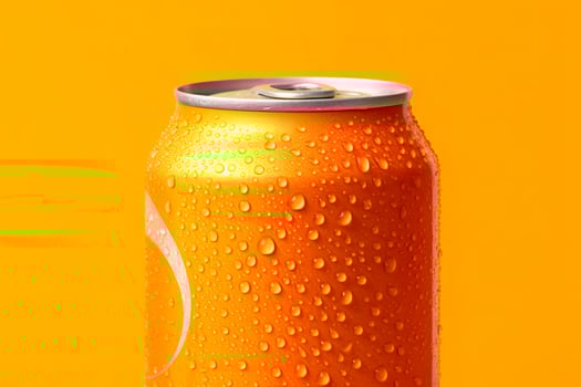 Can of fresh soda with water drops on orange background, closeup. Generative AI photo