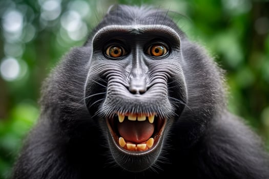 Celebes crested macaque with open mouth. Close up on the green natural background. Generative AI photo