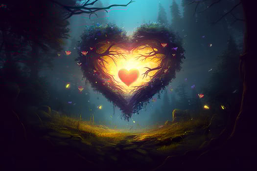 Colorful fantasy heart, light beam, green forest field. Generative AI photo