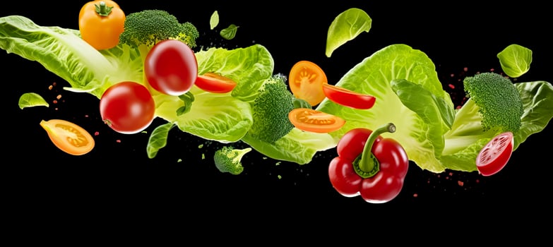 Falling vegetables, salad of bell pepper, tomato, and lettuce leaves. Generative AI photo