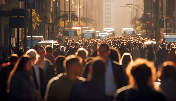 Crowd of people walking busy city street backlit. Generative AI photo